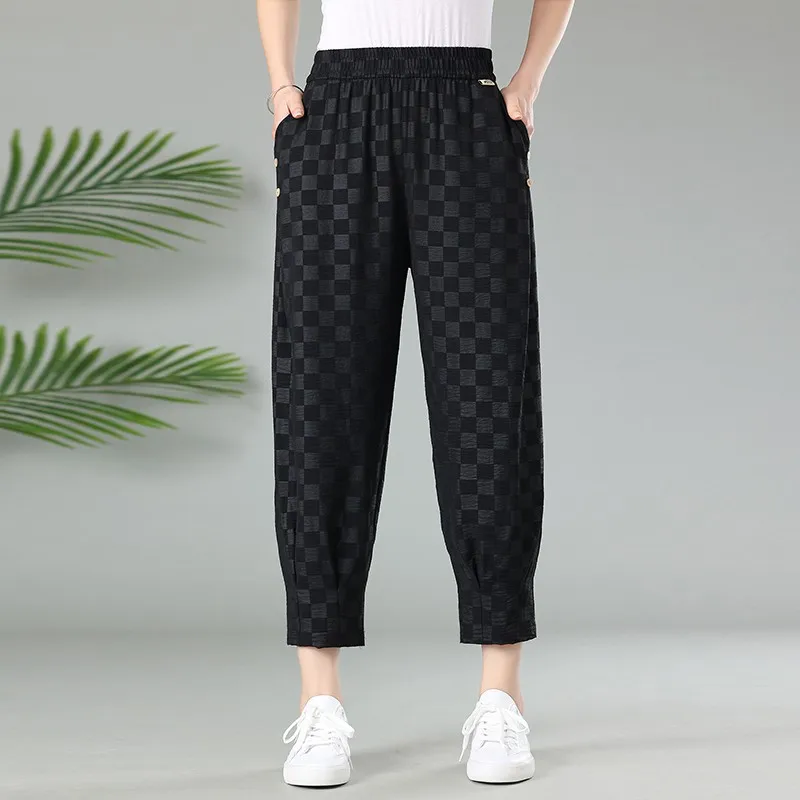 Pantalon femme taille élastique, damier, longueur rinçage, printemps, été,  décontracté, harem, fjBlack, blanc, adt, 2023