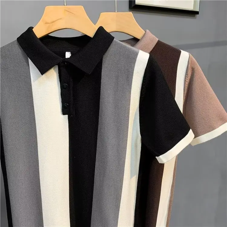 Summer New Ice Stripe Knitwear Men's Fashion Youth Polo Short Sleeve Fashion Versatile Casual Top T-shirt 2023 New