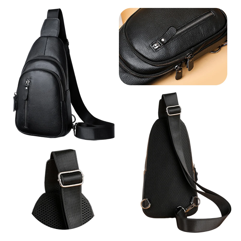 Men Leather Sling Bag with Adjustable Shoulder Strap Cross Body Pack Sling Backpack Chest Daypack for Hiking Cycling Traveling