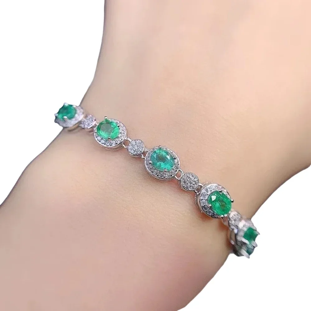 

925 Sterling Silver Oval Emerald Hand Bracelet for Women, Fine Jewelry, Inset with Natural Gemstones, Trendy Gift, Classic