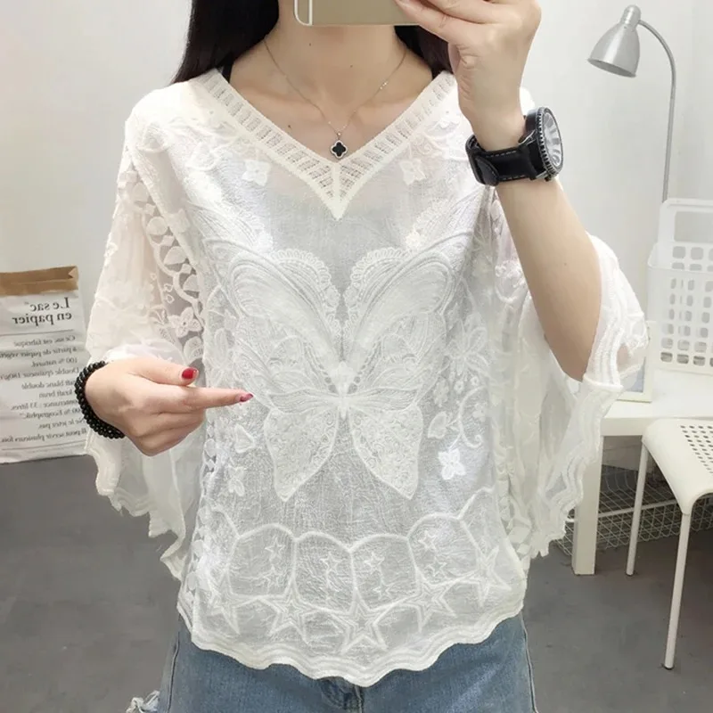 Embroidery Lace White Shirt Woman Summer 2025 Flare Sleeve Elegant Blouse Women Blusas Casual O-neck Tops Female Clothing 25897