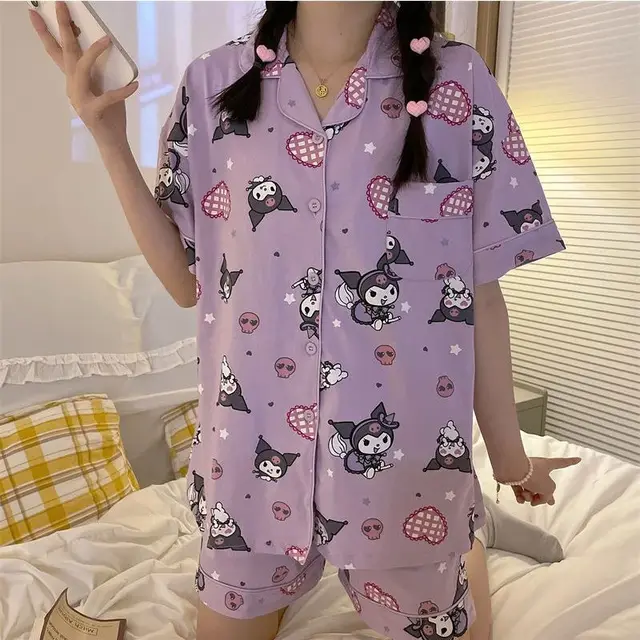 Sanrios Kawaii Kuromi Pajama Sets Women's Sleep & Lounge Spring Summer Short Sleeve Shorts Homewear Set