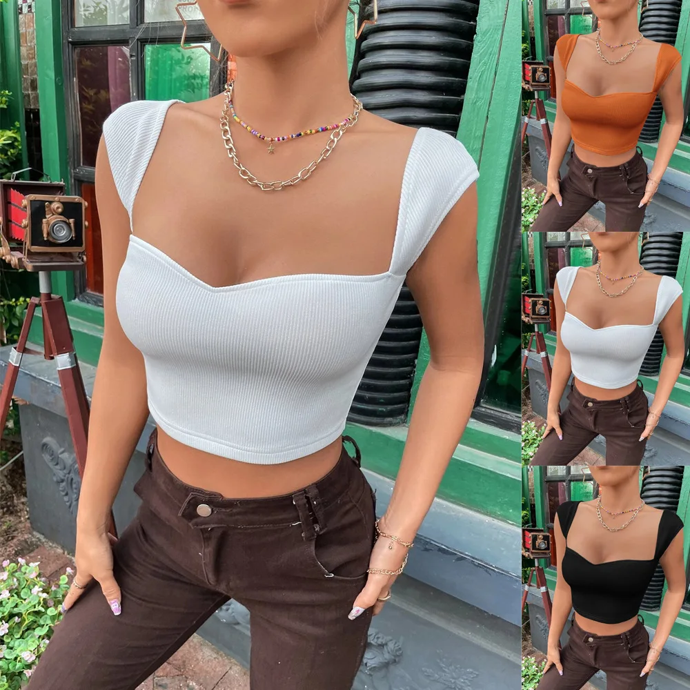 

Square Neck Sleeveless Summer Slim Fit Solid Color T-shirt Women Casual T Shirt Off Shoulder Sexy Y-neck Short-sleeved Top