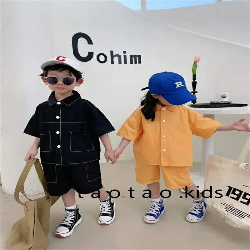 2-9Y Boys Girls Workwear Style Short Sleeve Cotton Set Summer Baby Fashion Korean Two Piece Casual Shirt+Shorts Outfits