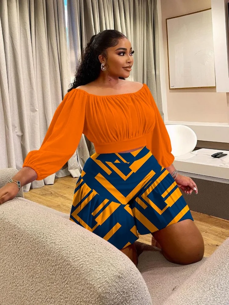 Wmstar Plus Size Two Piece Outfits Women's Clothing Wholesale New Style Pleated Off Shoulder  Casual Skirts Sets New Style