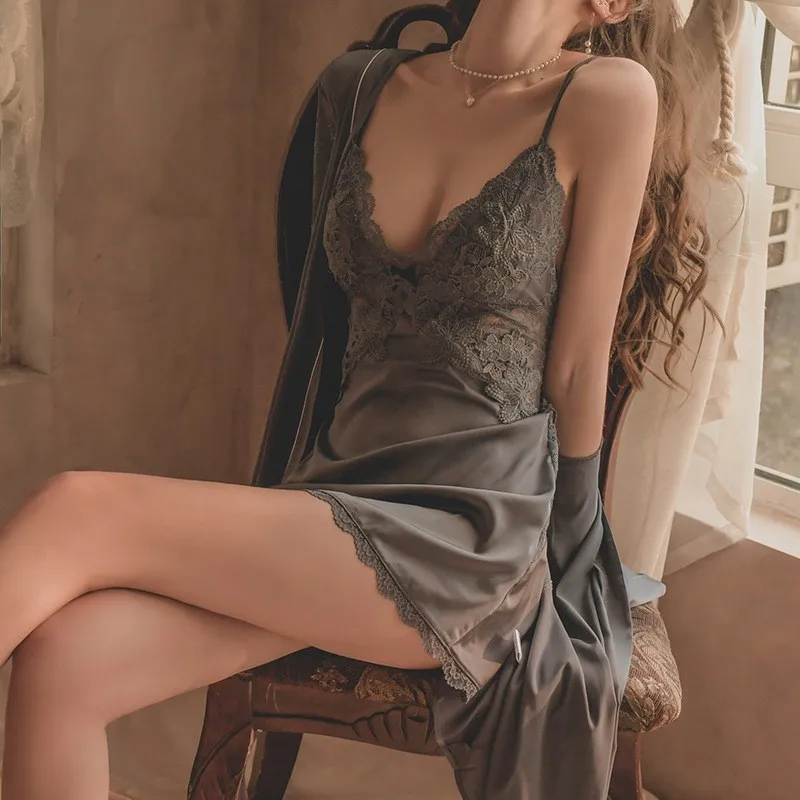 

Sexy Pajamas With Chest Pad BeautyBack Women V-neck Lace Thin Silk Nightgown Female Nightwear Satin Sling Nightdress Pajamas