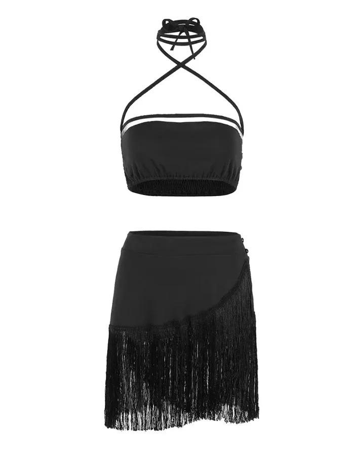 Summer 2024 Women's Split Black Swimsuit Cutout Tassel Short Cover Strappy Bikini Sexy Tight Fashion Resort Dress