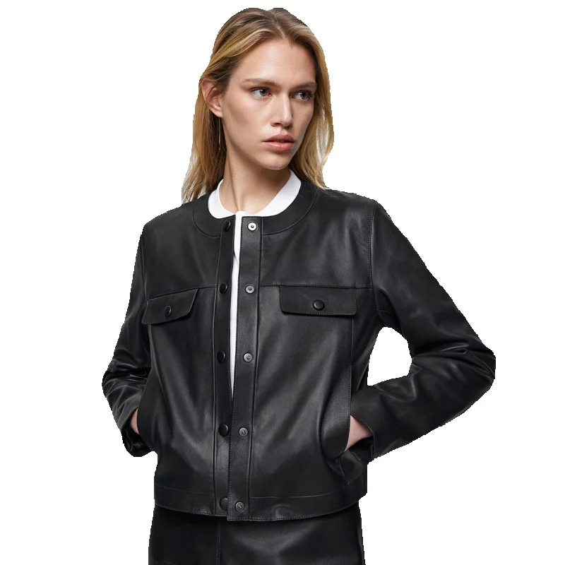 

Женское модное черное кожаное пальто, новинка, Женская Весенняя куртка из промытой кожи с длинным рукавом, короткое мотоциклетное пальто