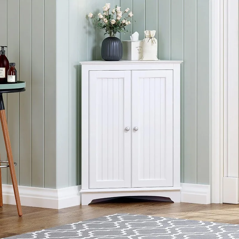 Home Floor Corner Cabinet with Two Doors and Shelves, Free-Standing Corner Storage Cabinets for Bathroom, Kitchen