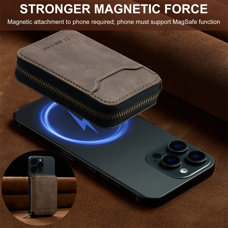 Luxurious MagSafe Magnetic Leather Flip Wallet Phone Case with Zipper Card Holder