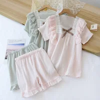 Japanese summer new short-sleeved shorts ladies pajamas set 100% cotton crepe solid color fresh home clothes two-piece set - Image 3