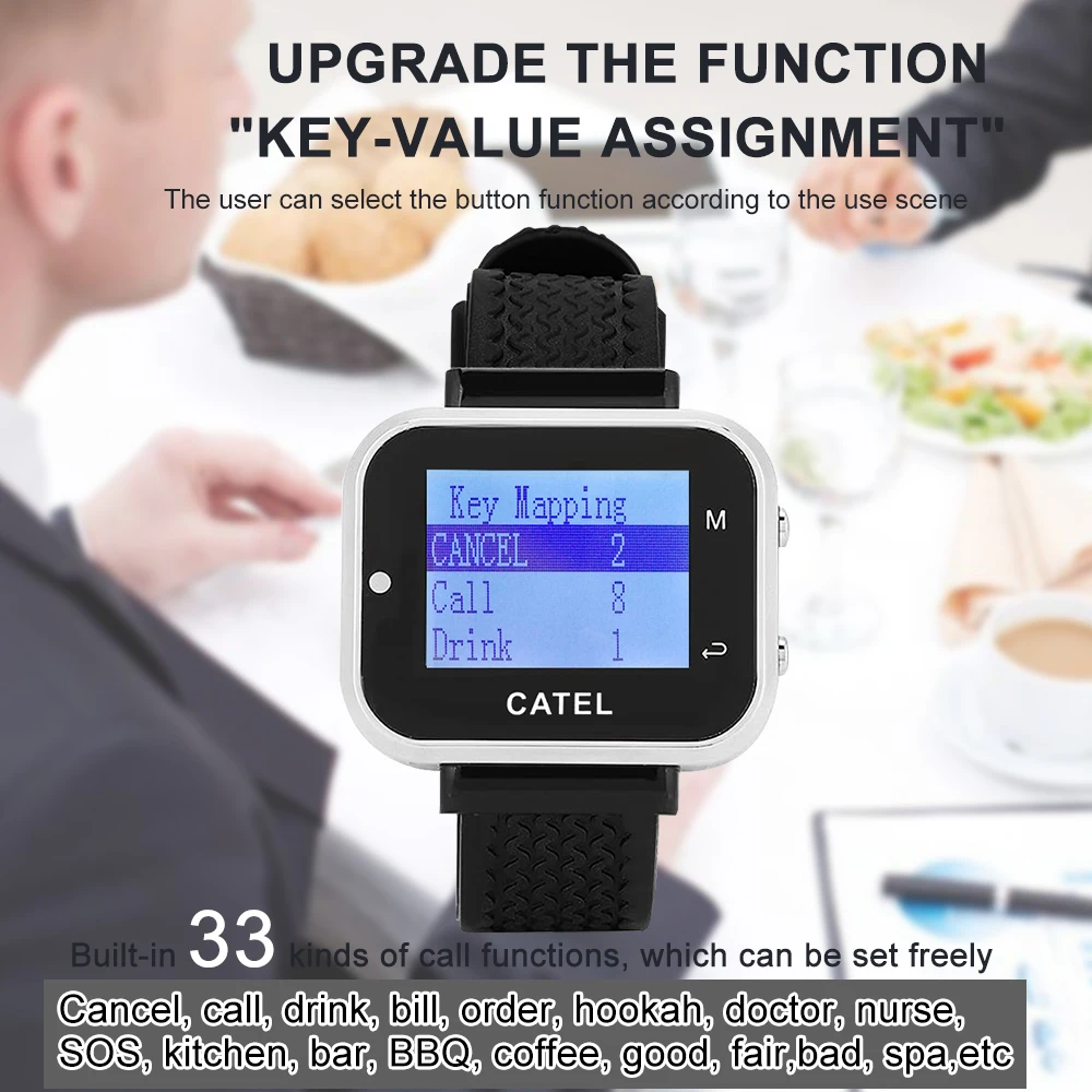 Description Picture 5 of itemCATEL Wireless Calling System 10 Table Call Button Transmitters 1 Watch Pager, Restaurant Waiter Service Bell Buzzer