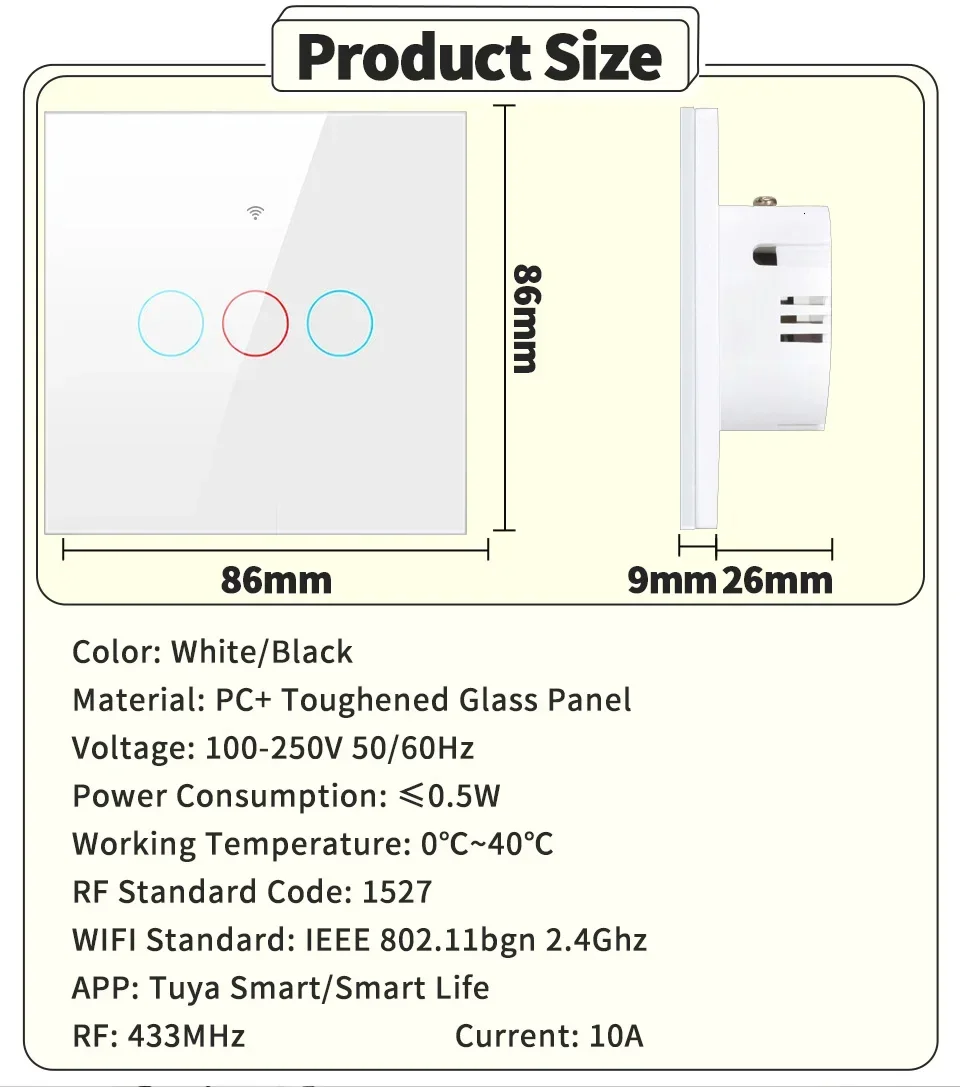 Description Picture 4 of itemTuya WiFi Smart Switch EU Neutral Wire/No Neutral Wire Required 1/2/3 Gang Wall Switch Voice Control Support Alexa Google Home