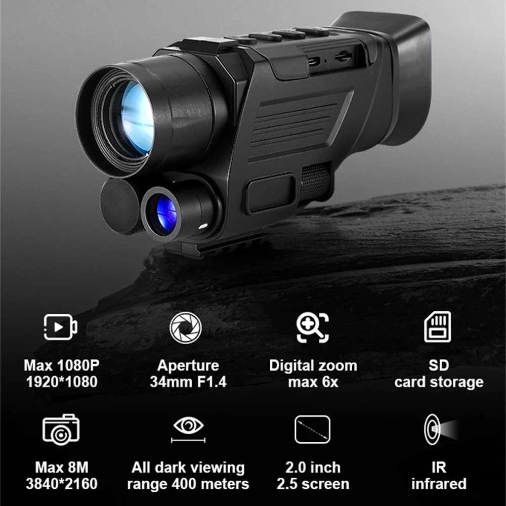 

Ponbos 4K HD Portable Professional Telescope 6X Digital Zoom 400M Infrared Night Vision Monocular for Hunting Video Recording