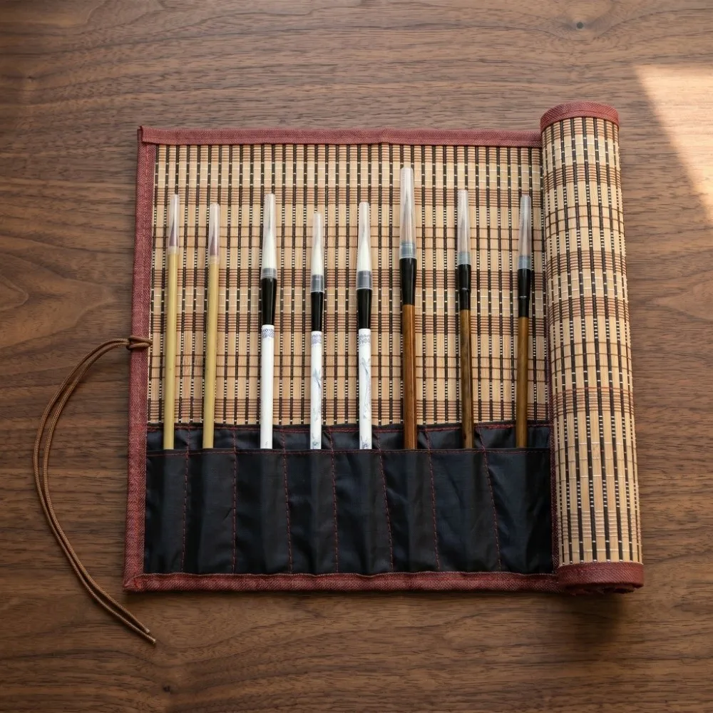 대나무 소재 브러쉬 롤링 백 접이식 구조 11.8 x 14인치 페인트 브러쉬 홀더 롤업 디자인 펜 커튼 팩