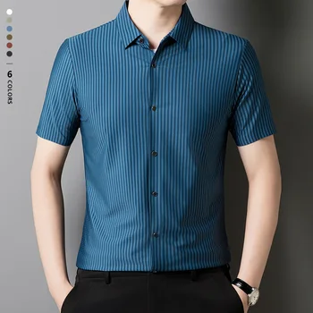 Camicia a maniche corte da uomo d'affari estiva a righe di lusso per uomo Camicie da banchetto bianche casual fresche in seta di ghiaccio Top con risvolto maschile Poliammide 1