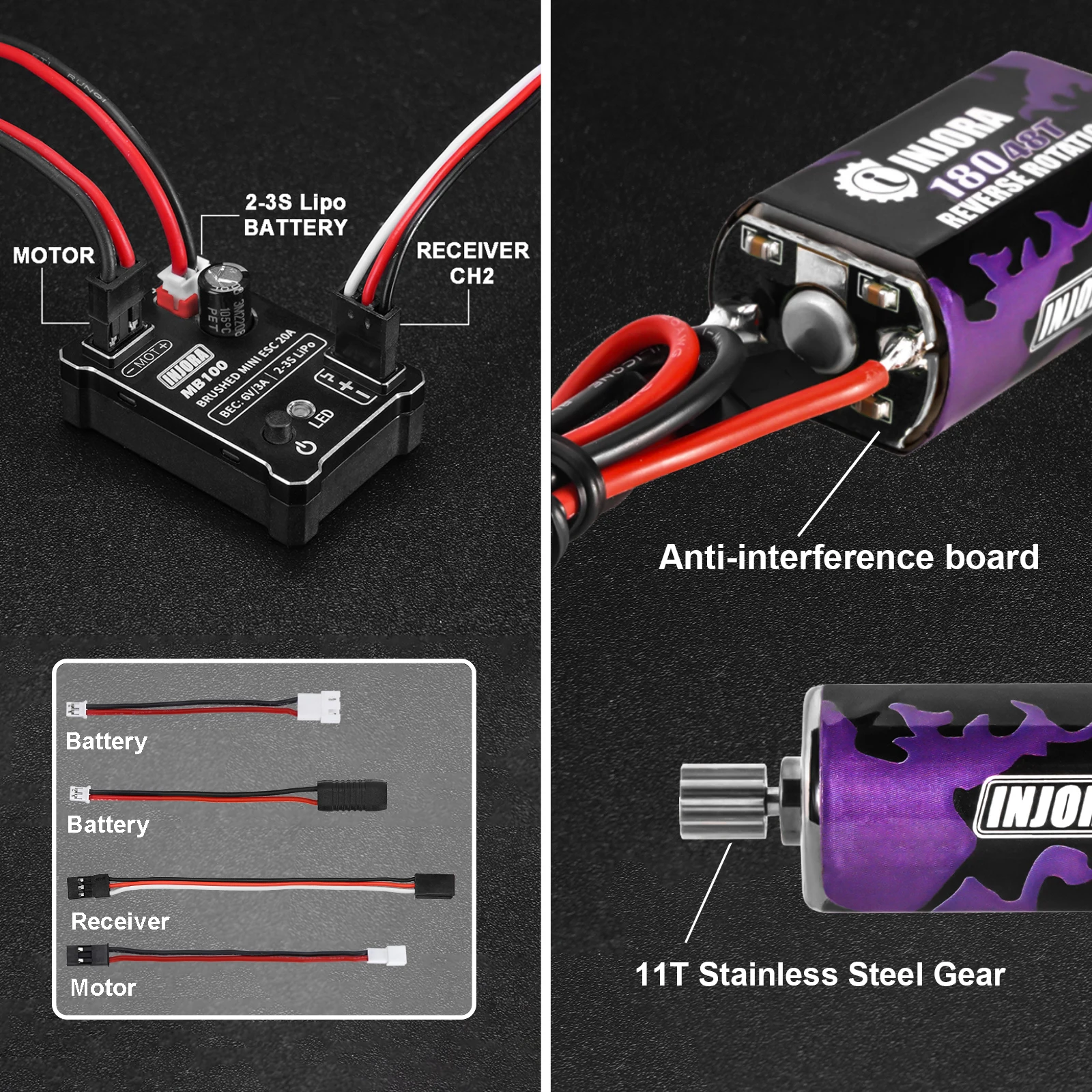 INJORA MB100 R80 20A Brushed Mini ESC with 180 Motor 48T for 1/18 RC Crawler TRX4M Upgrade 