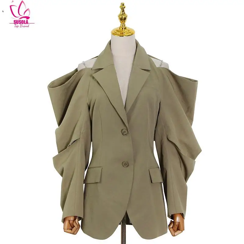 

SUSOLA Solid Fold Pleated Women Coat Notched Long Sleeve Gathered Waist Cut Out Women's Blazer Lady Trend Clothing New