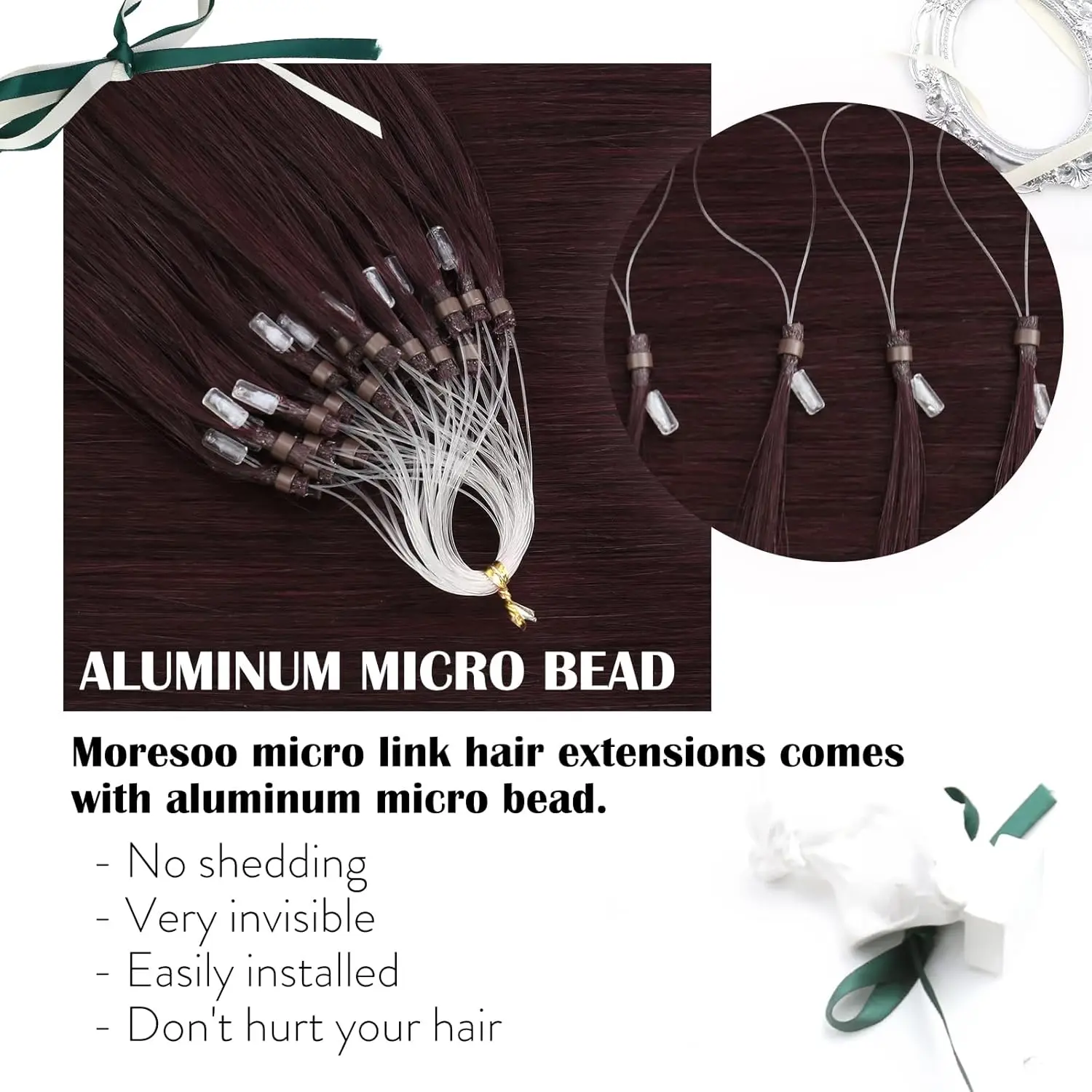 Moresoo Micro Ring Hair Extensions Real Human Hair Natural Straight Pure Color 50G & 100G Micro Beads Extensions