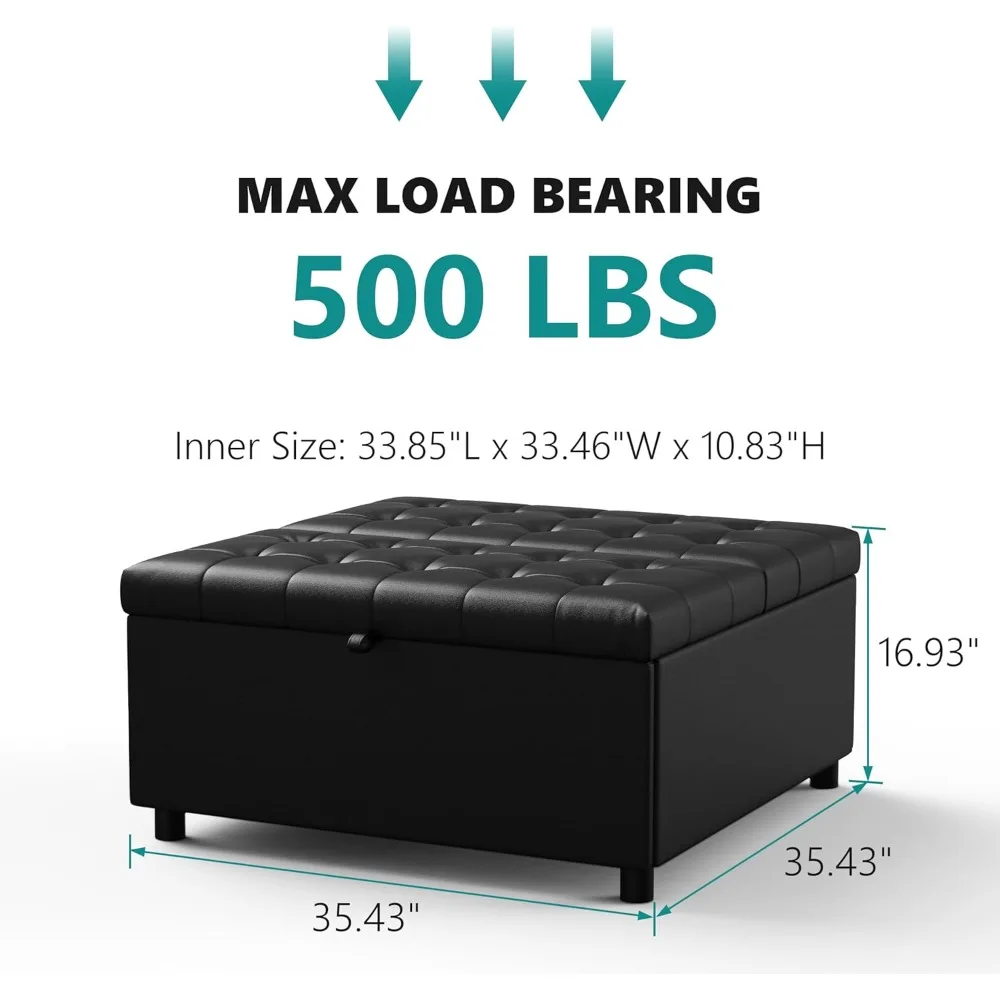 35.5 Inch Square Leather Storage Ottoman, Large Ottoman Coffee Table, Lift Top Tufted Ottomans Toy Box Footrest for Living Room 6