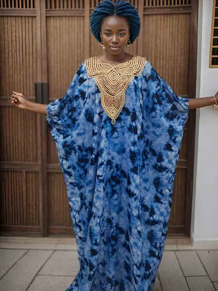 

Blue Silk Clothing African Daily Party Printed Dashiki Robe Sequined Top Quality Ankara Women Boubou Riche Cotton Long Dresses