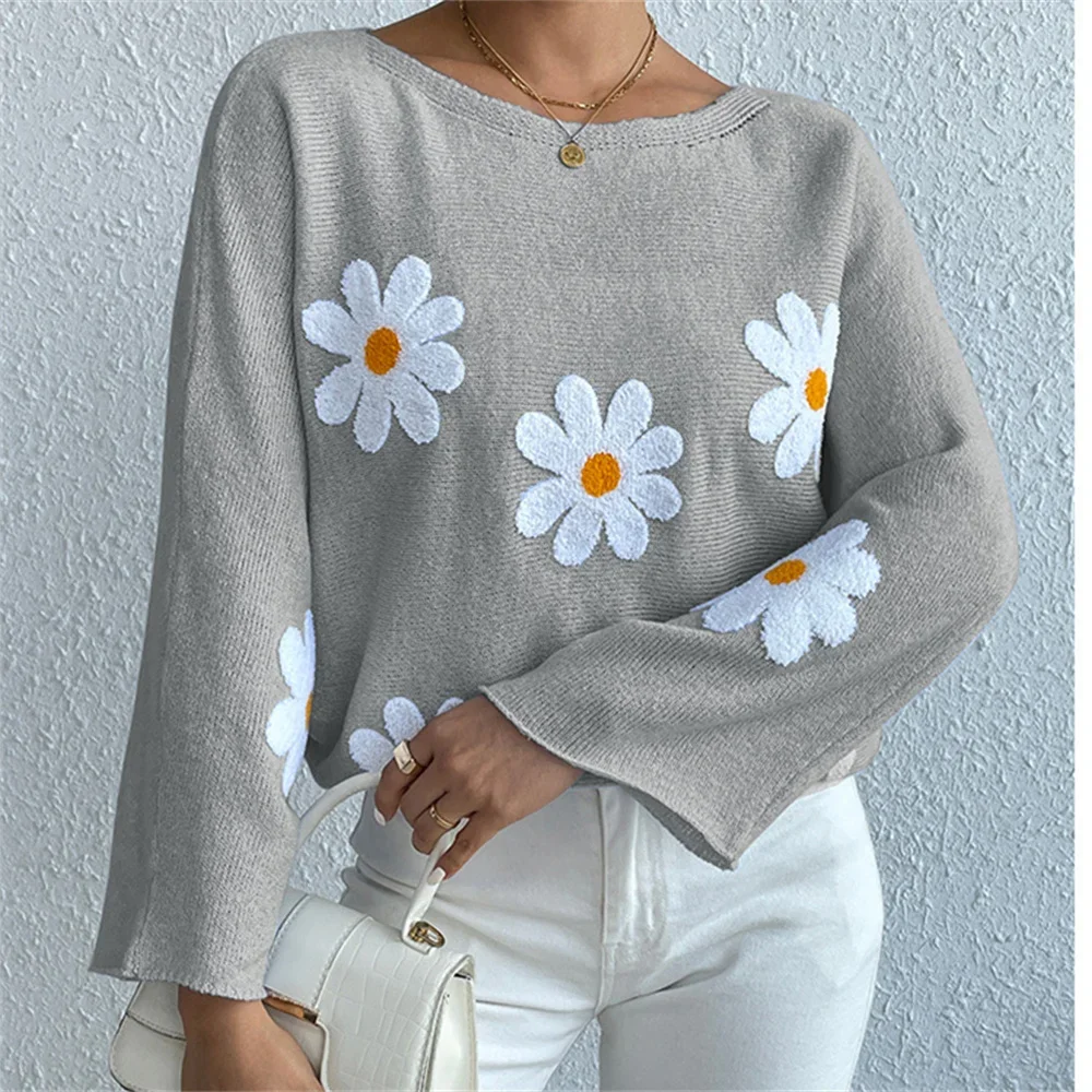 

Elegant Grey Knitted Sweater Pullovers Embroidery Trend Knitwear Batwing Sweaters Women Streetwear Casual Clothing Jersey Jumper
