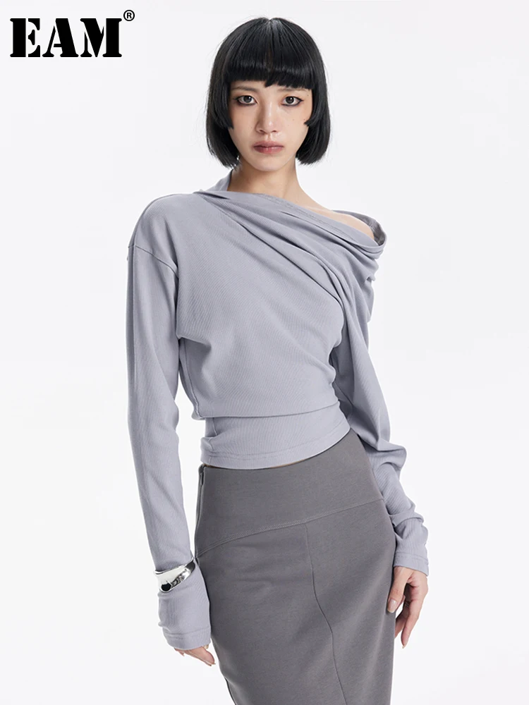 

[EAM] Women Light Gray Pleated Elegant T-shirt New Asymmetrical Collar Long Sleeve Fashion Tide Spring Autumn 2024 1DH2849