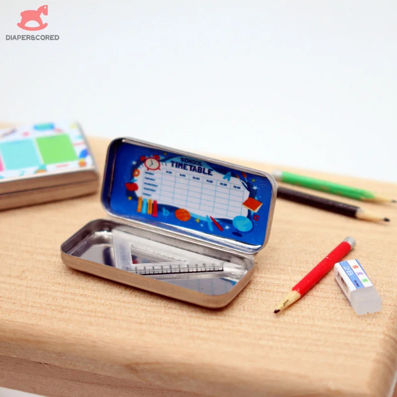 

1pcs Dollhouse Miniature Stationery Pencil Case Organizer Box Stationery Box Pencil Box Model Accessories Kid Pretend Toys