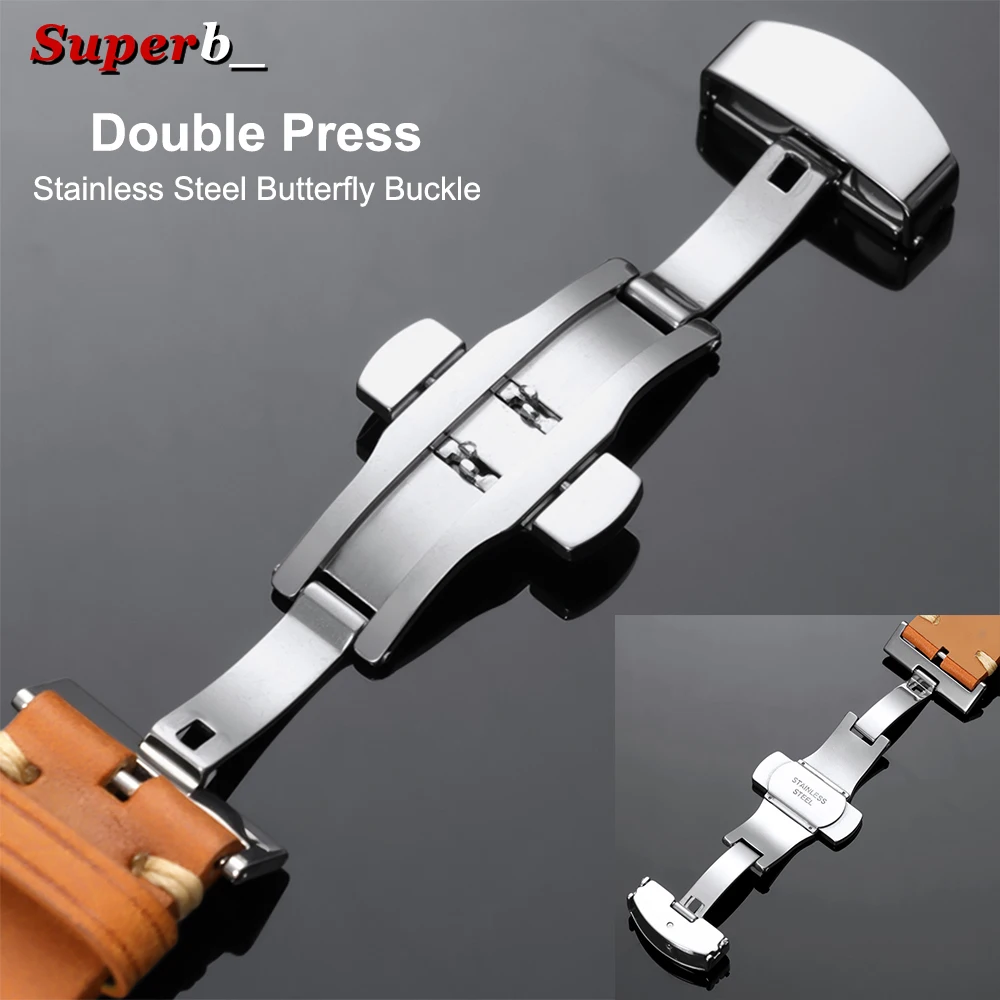 Elegant Top-Grain Leather Watch Band with Butterfly Buckle and Gift Box