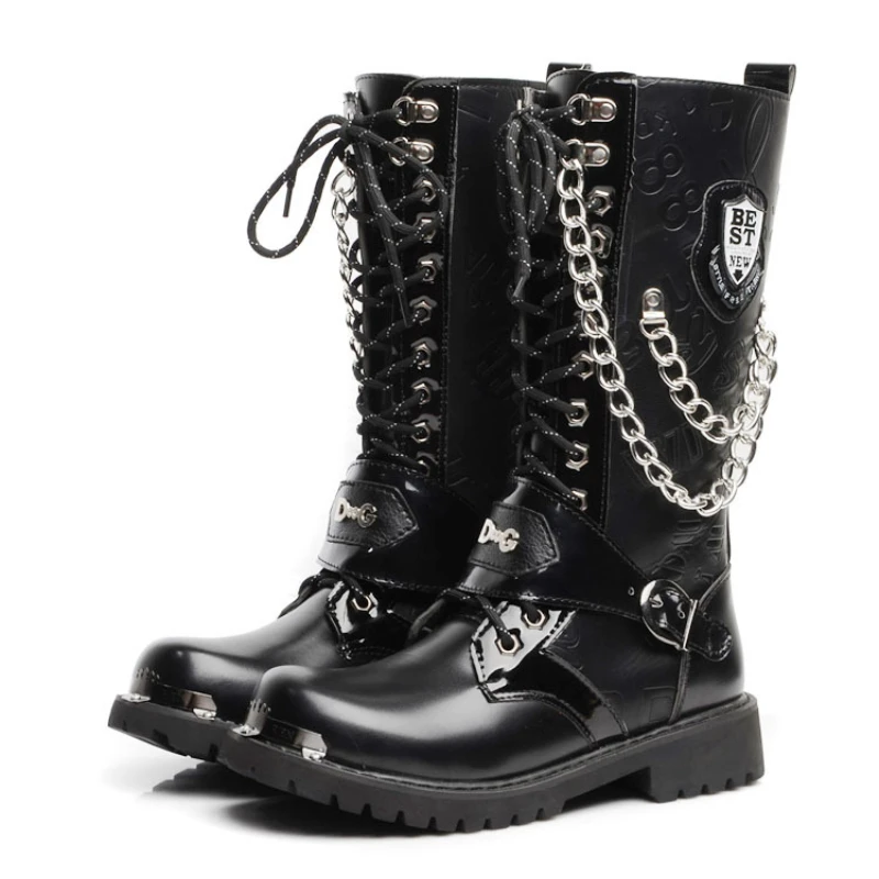 Men Fashion Motorcycle Boots Mid-calf Boots Gothic Belt Punk Men Shoes Hightop Casual Zapatos Hombre leather boots,mens leather boots,motorcycle leather boots