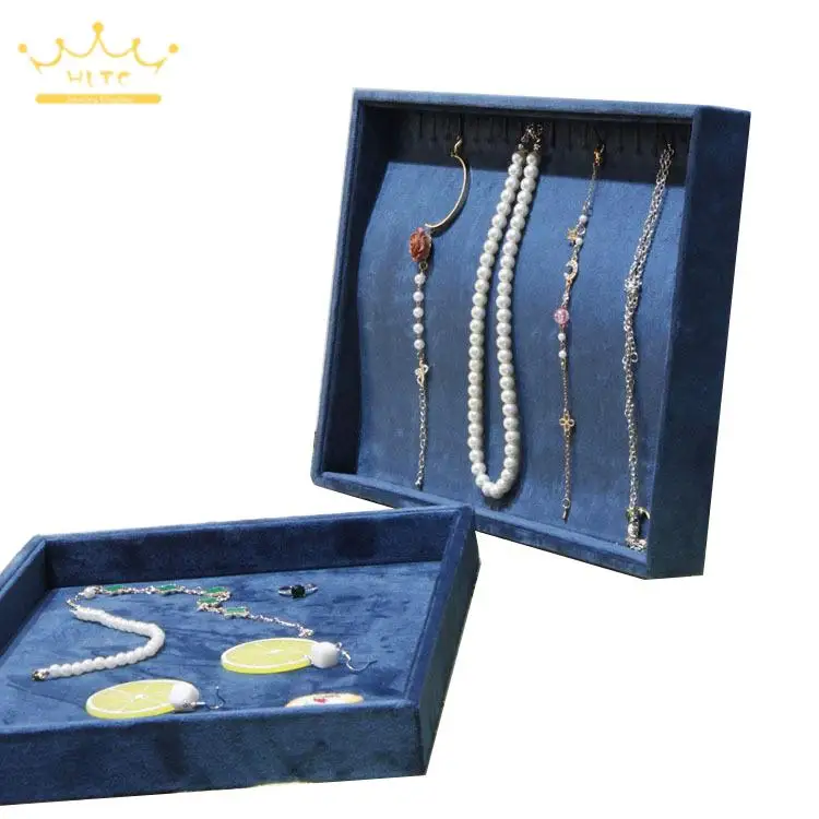 Dark Blue Velvet Ring Bracelet Holder Tray Necklace Earrings Pendant Storage Case Jewelry Display Tray 35*24Cm Large Size