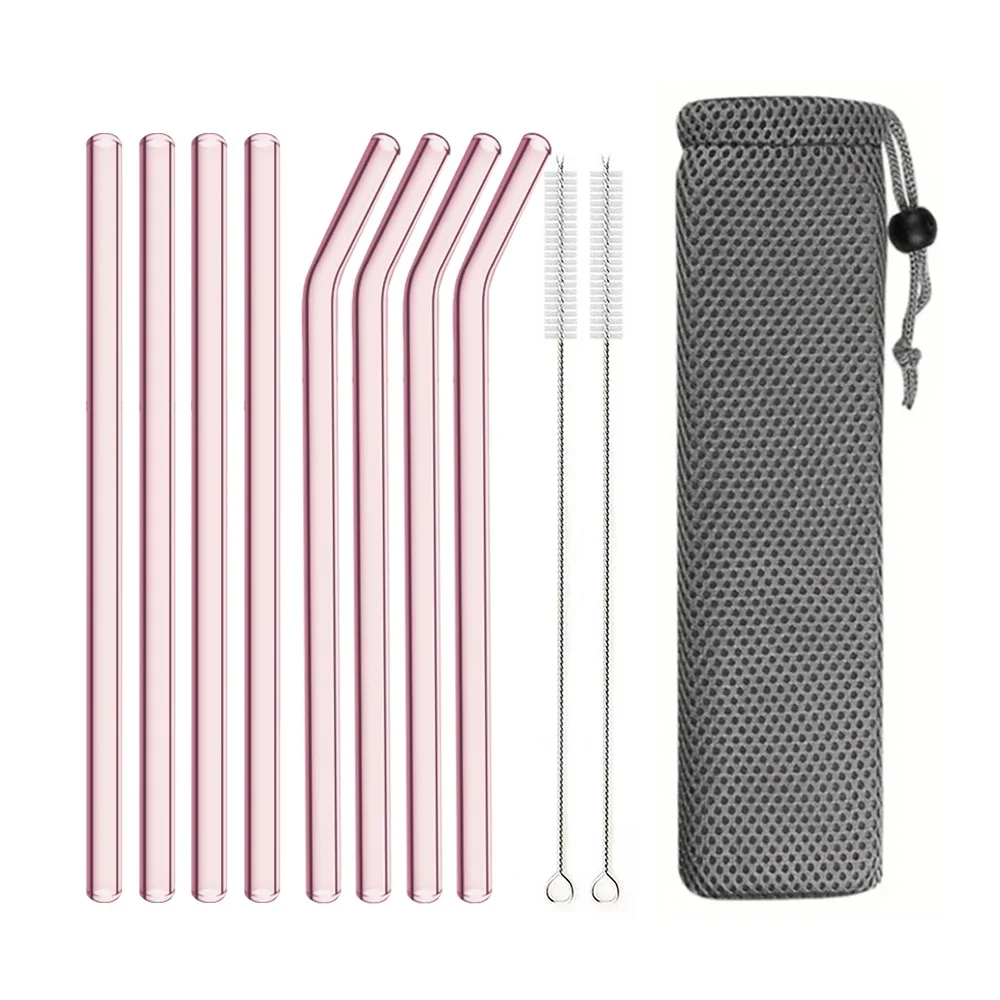 Pink Glass Straw Reusable Drinking Straw Borosilicate Tube with Cleaning Brush glass straw set,drinking straws