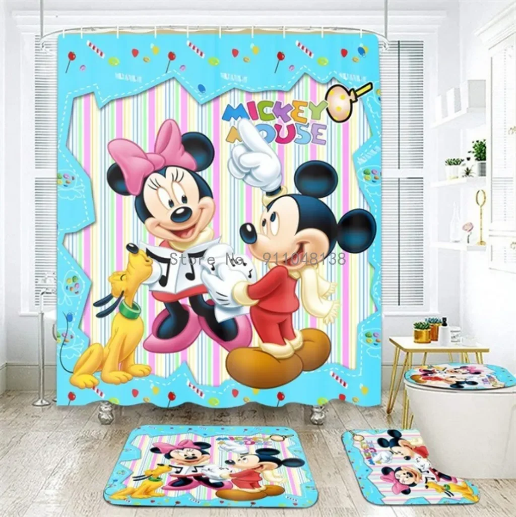 4pcs Disney Mickey Mouse Print Shower Curtain Carpet Colorful Toilet Cover Bath Mat Rug Pad Set Bathroom Curtain Hooks