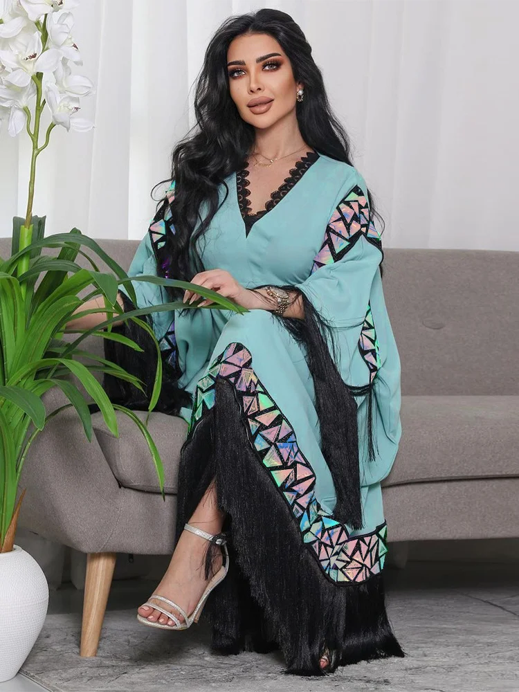 

Tassels Sequins Women Loose Dress Abaya Party Dresses Ramadan Abayas Eid Muslim Kaftan Elegant Vestidos Dubai Arab Turkey