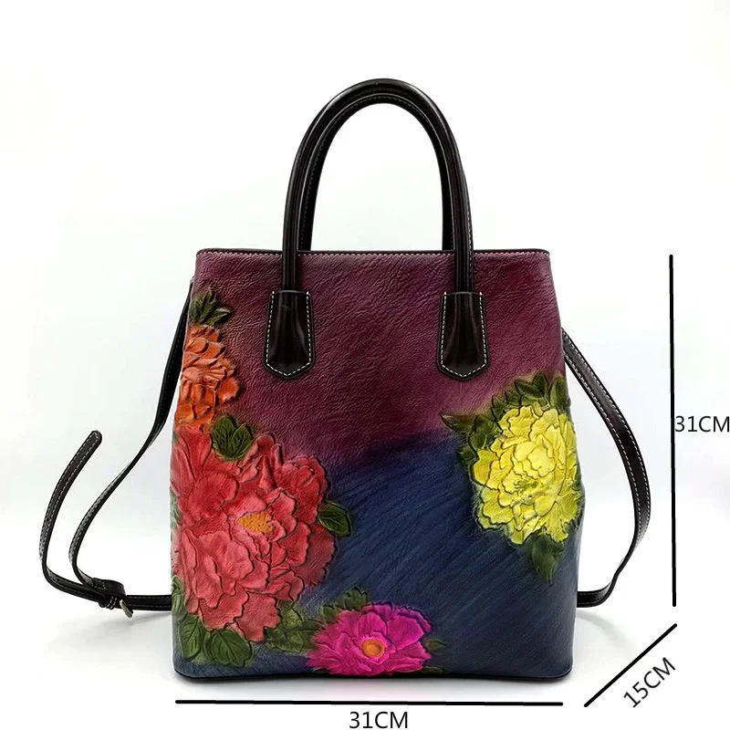 High Quality Luxury Retro Women Bag Vintage Bucket Shoulder Bags for Women New Handmade Embossed Leather Handbag Tote Bag