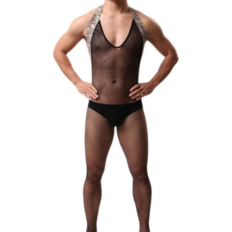 Men's one-piece hosiery Men's tights Leopard print ultra-thin high stretch hosiery men's front and back cutout crotch one-piece