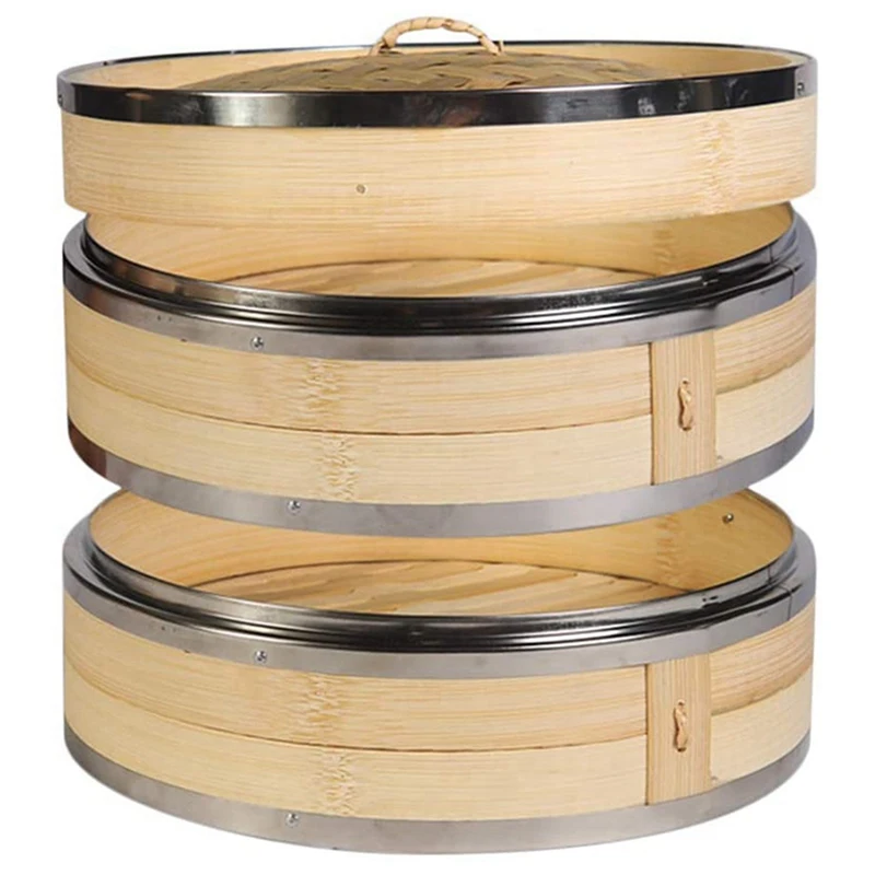 

2X 2 Tier Kitchen Bamboo Steamer With Double Stainless Steel Banding