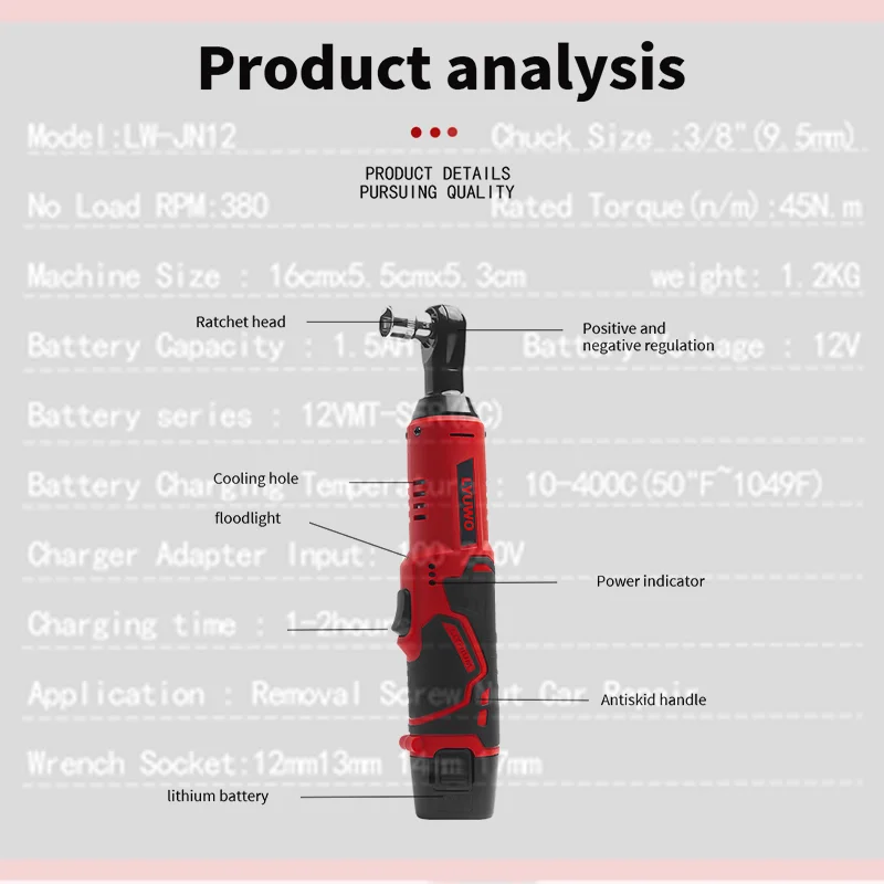 LYUWO 12V Cordless Right Angle Electric Wrench 45NM 3/8 Inch Ratchet Wrench Disassembly Nut Car Maintenance Tool With 4 Sockets 6