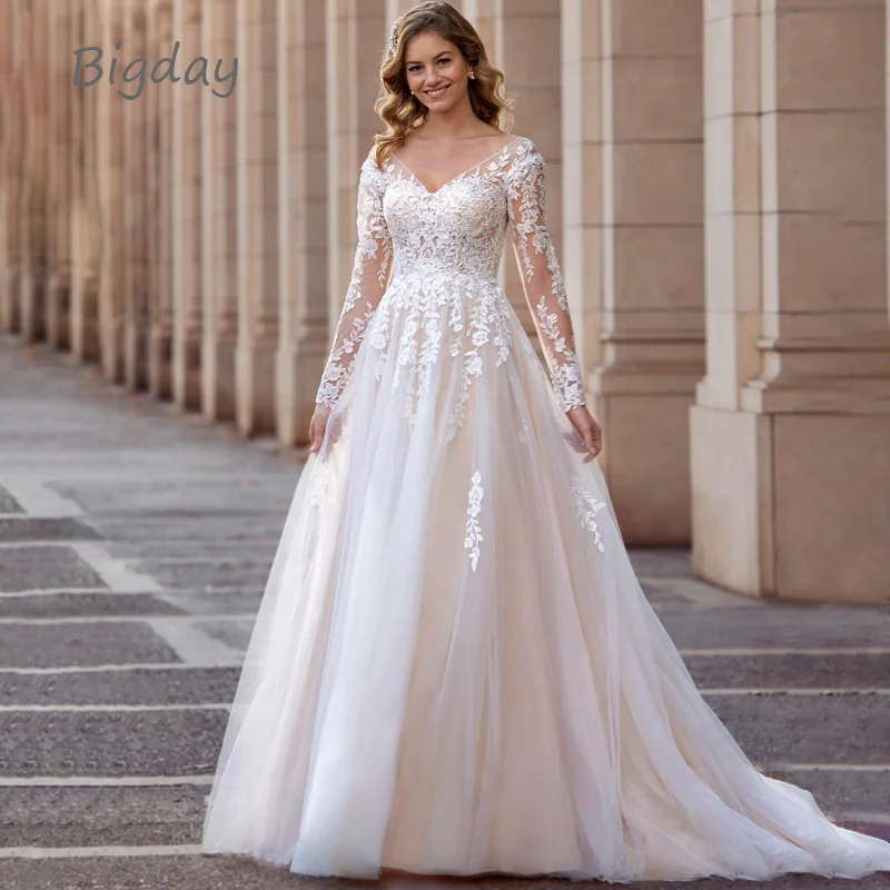 Elegant V-Neck Wedding Dresses Plus Size Lace Long Sleeve Women White Open Back Bridal Gown Train Vestidos De Novia Customized 3