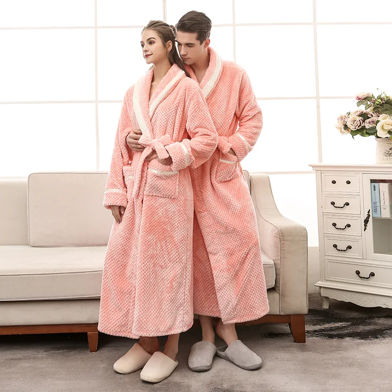 

Couple Nightwear Winter Thicken Fleece Peignoirs Kimono Bathrobe Bathrobe Gwon Flannel Sleepwear Shower Robes Big Size 3Xl