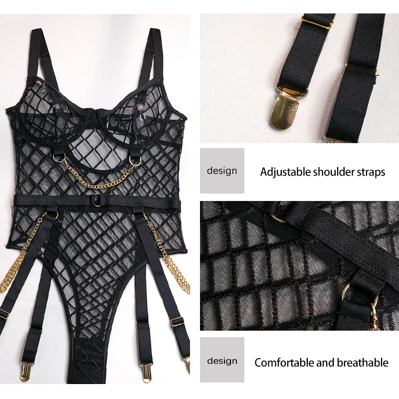 Women Jumpsuit Women Bodysuit Sleep Wear Set Women Suspender Pajamas Women's Tight Fitting Transparent Jumpsuit Women's Sexy Lace Decoration with Chain V-Neck Suspender Jumpsuit Pajamas