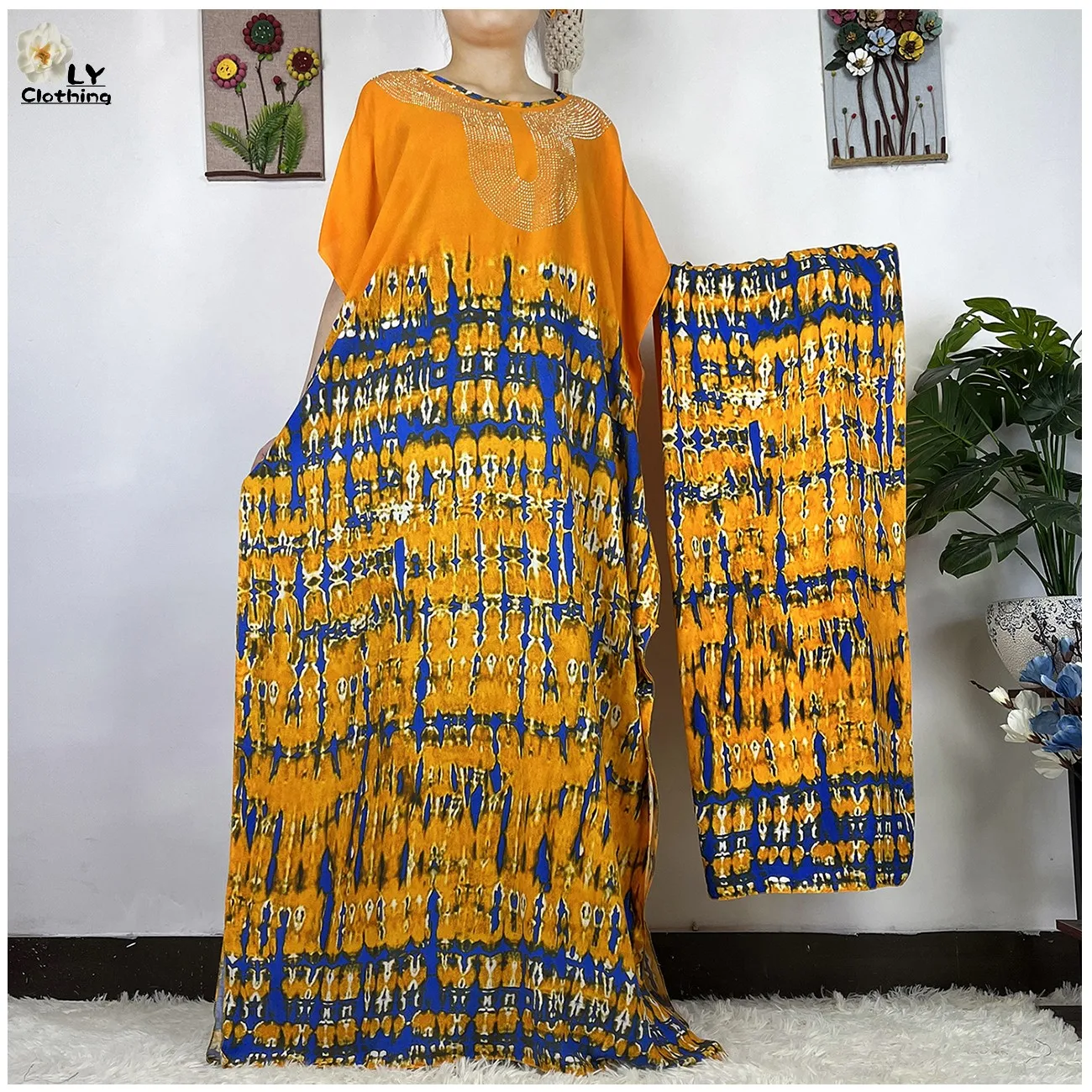 

2023 Latest Dubai Style Masonry Printing Floral Big Scarf Dress Summer Short Sleeve Islam Women Dress African Casual Wear