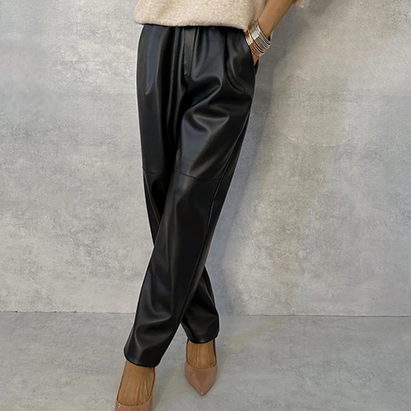 Leather Pants Streetwear Casual Solid PU Leather Pants for Women Spring Elastic Waist Pocket Trousers Autumn Straight Office Ladies Pants