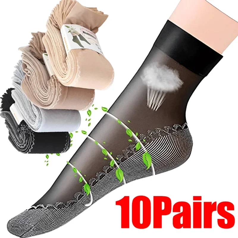 

1/10Pairs Spring Summer Women Soft Socks Velvet Silk Socks Non-Slip Bottom Splice Transparent Ladies Ultrathin Breathable Sock