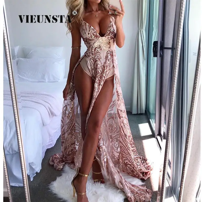 

Women Slim Spaghetti Strap V-Neck Maxi Dress Chic High Waist Slit Party Dresses Summer Lady Sexy Bronzing Print Boho Beach Dress