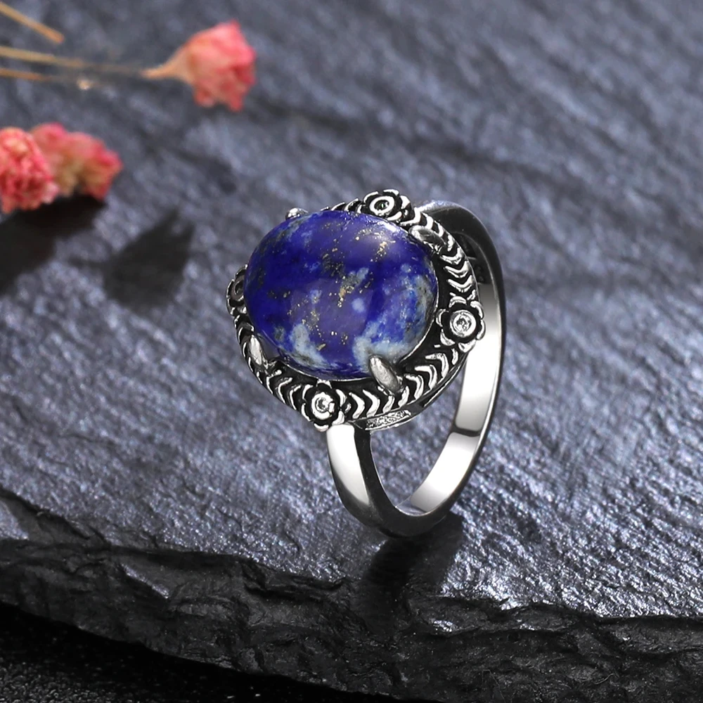 

Natural 10*12MM Lapis Sterling Silver 925 Rings Retro Turquoise Finger Ring for Women Fine Jewelry Gift Labradorite Moonstone