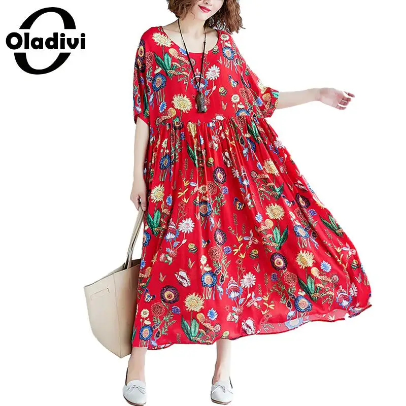 

Oladivi Fashion Print Cotton Linen Floral Printed Dress Women Short Sleeve Loose Casual Summer Dresses Long Robe STK 5986 L-7XL