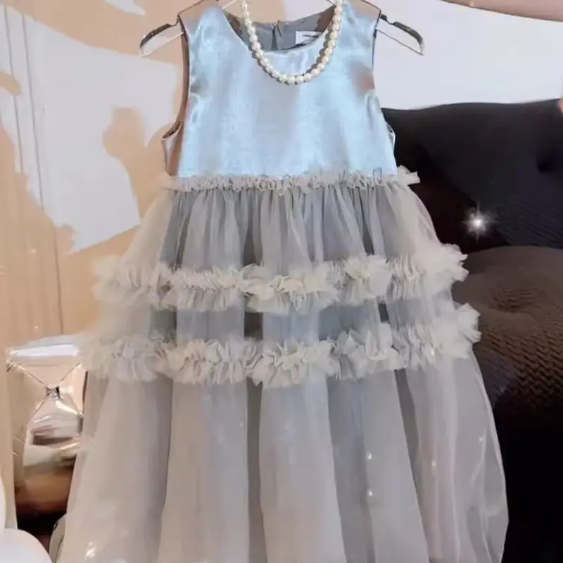 

Spring Summer New Fashion Round Neck Sleeveless Kids Sweat Cake Dress Lace Children's Clothing Korean Style Solid Girls Dresses