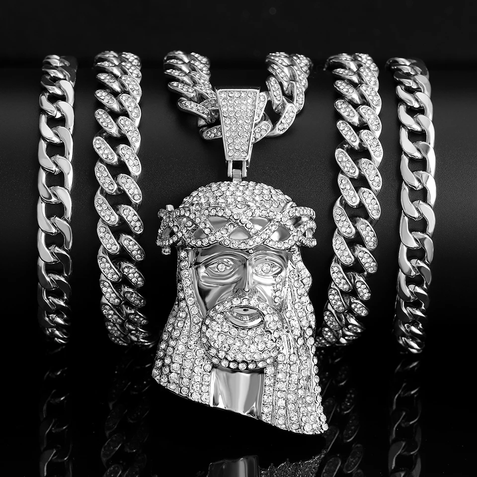 Pendentif Jésus Avec Chaîne Cubaine 11mm - Doré, Strass - Bijou Homme/femme