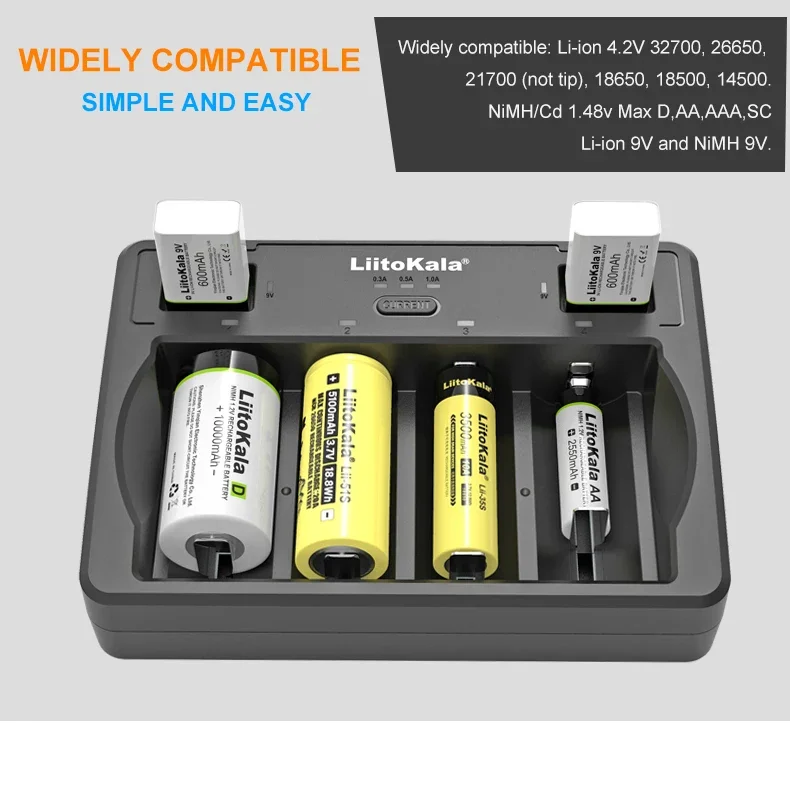 리토칼라 Lii-D4 4슬롯 D 26650 18650 21700 18500 14500 16340 22650 AA AAA C SC 3.7V 1.2V 9V 리튬 니켈수소 스마트 배터리 충전기